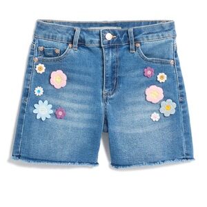 Tractr Blue Denim Shorts with Appliqué Floral Accents